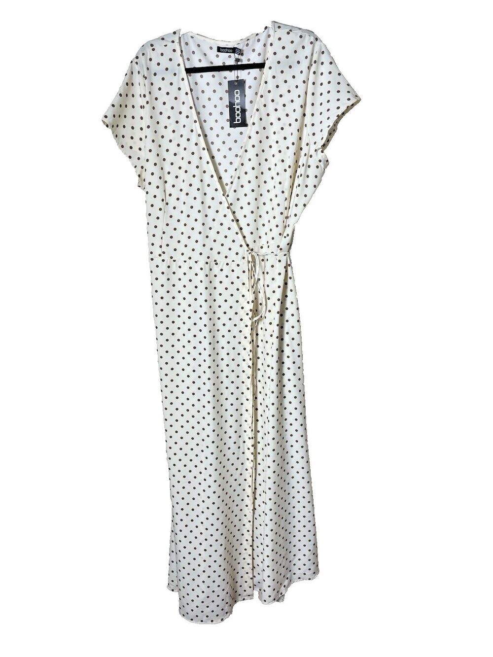 NWT Boohoo Woman's Cream & Brown Faux Wrap Polka Dot Maxi Dress Size 20